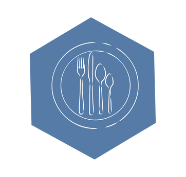 Ein hexagonales Symbol mit einem Teller und Besteck (Messer, Gabel, Löffel).